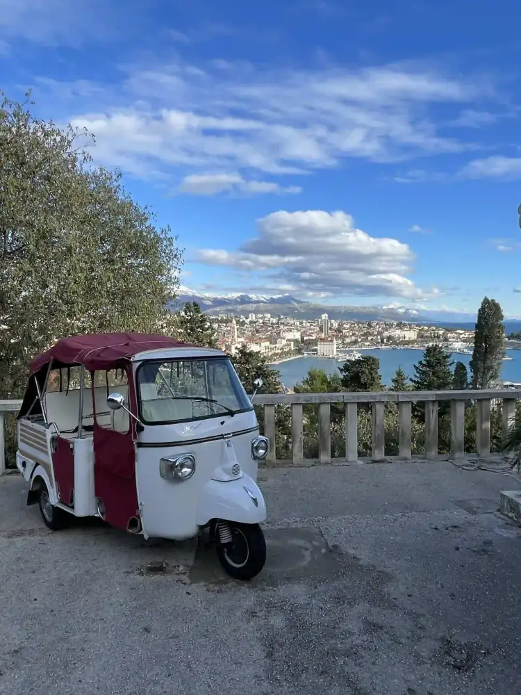 Retro tuk tuk on the Classic tour parked in Split's Old Town